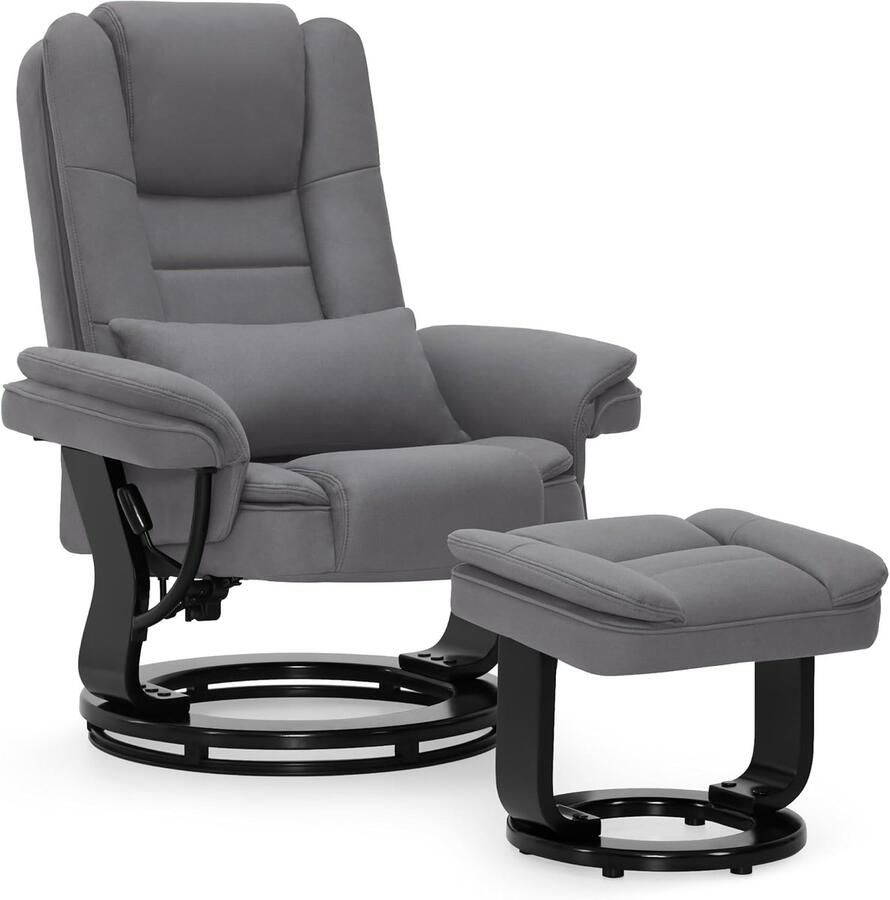 MCombo 9099 Relaxstoel met Hocker – Grijs Microvezel – 360° Draaibaar & Verstelbaar