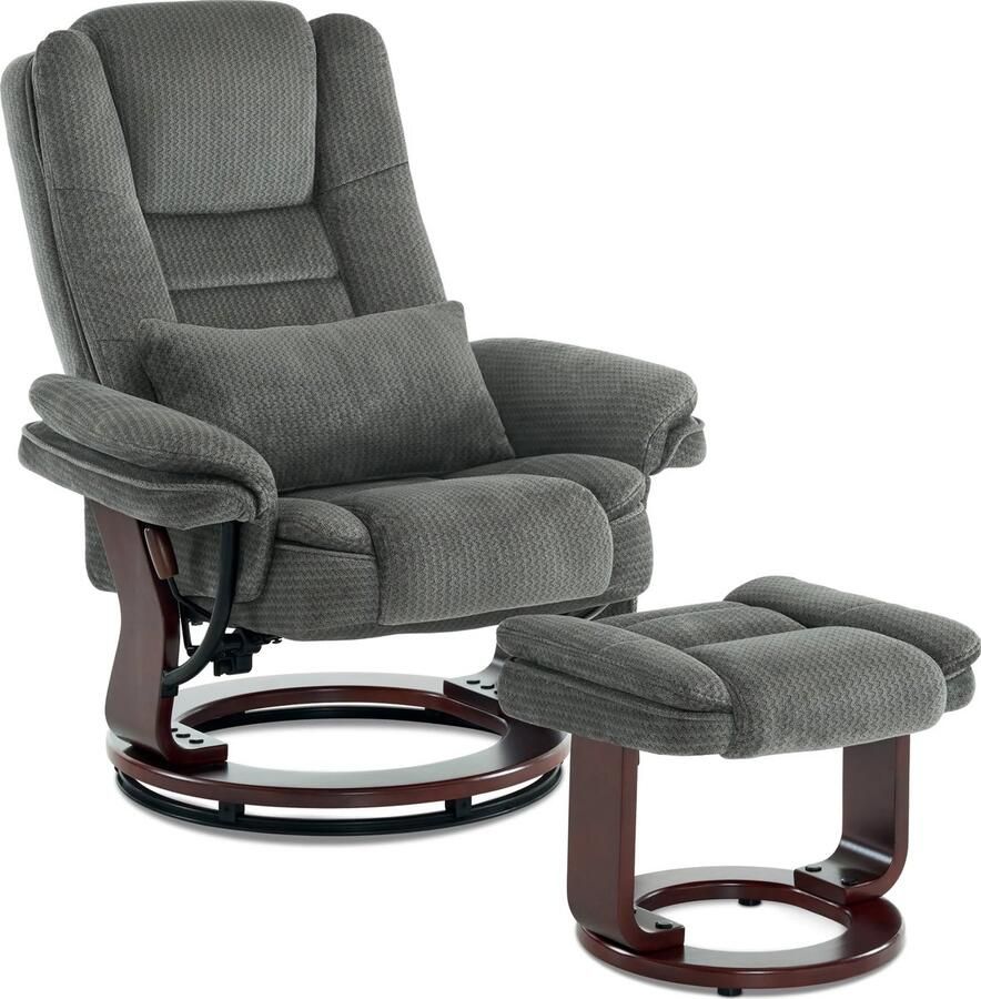 MCombo 9099 Relaxstoel met Hocker – Grijs Stof – 360° Draaibaar & Verstelbaar