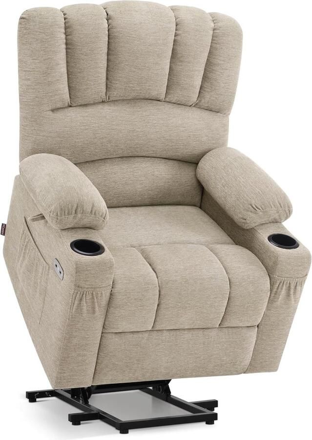 MCombo Elektrische Relaxstoel met Opstahulp – Beige Stof – TV Stoel met Massage- en Verwarmingsfunctie – Ligfunctie tot 145° – Seniorenstoel met USB & Bekerhouders