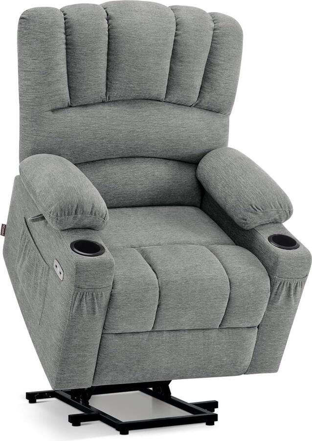 MCombo Elektrische Relaxstoel met Opstahulp – Grijs Stof – Massage- & Verwarmingsfunctie – Verstelbare TV Fauteuil met USB & Bekerhouders