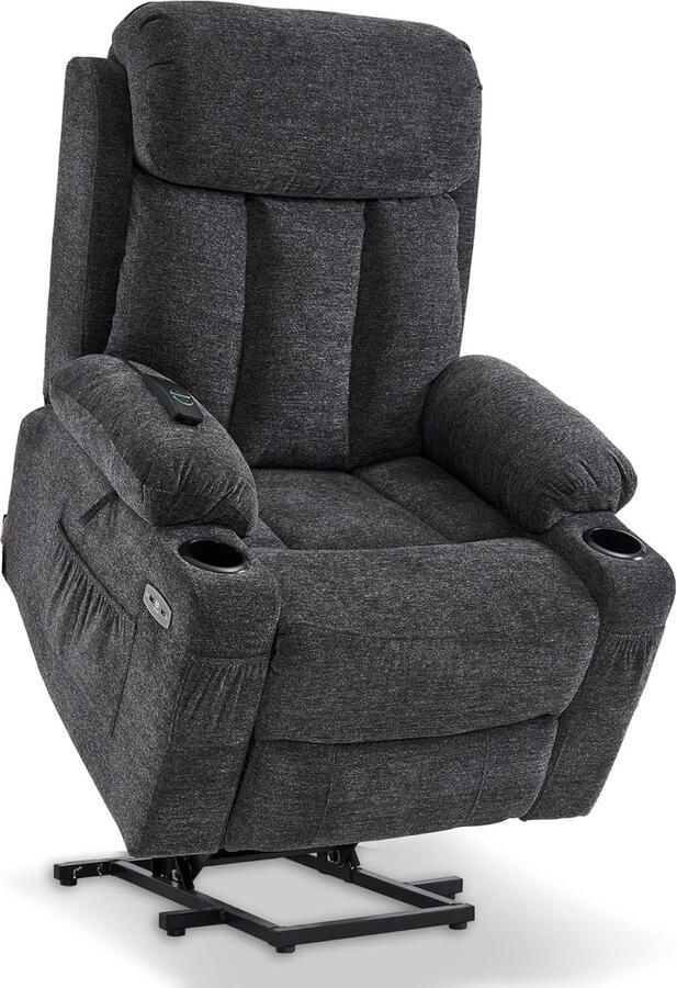MCombo Luxe Elektrische Relaxstoel – Sta-Op Functie – Verstelbare Ligpositie – Verlengde Voetensteun – Opbergvakken – 1 Motor – Donkergrijs Stof