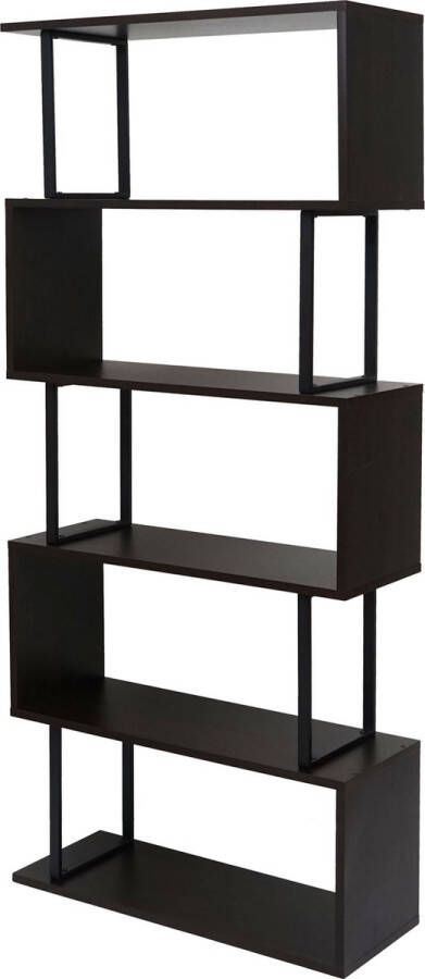 MCW Boekenkast -A27 staande plank woonkamer 183x80cm 3D structuur 5 niveaus ~ donkerbruin metaal zwart