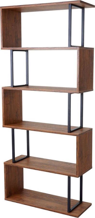 MCW Boekenplank -A27 vrijstaande boekenplank woonkamerplank 183x80cm 3D structuur 5 niveaus ~ wild eiken look zwart metaal