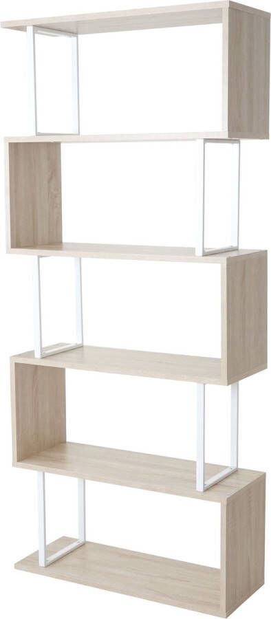 MCW Boekenplank -A27 staande plank woonkamerplank 183x80cm 3D structuur 5 niveaus ~ eiken look wit metaal