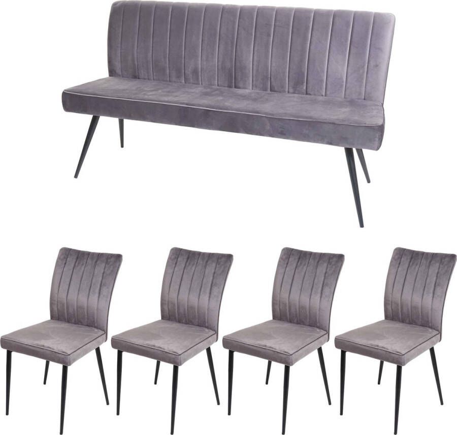 MCW Eetkamerset -K16 set van 4 stoelen + bank Eetkamerset fluweel metaal ~ donkergrijs