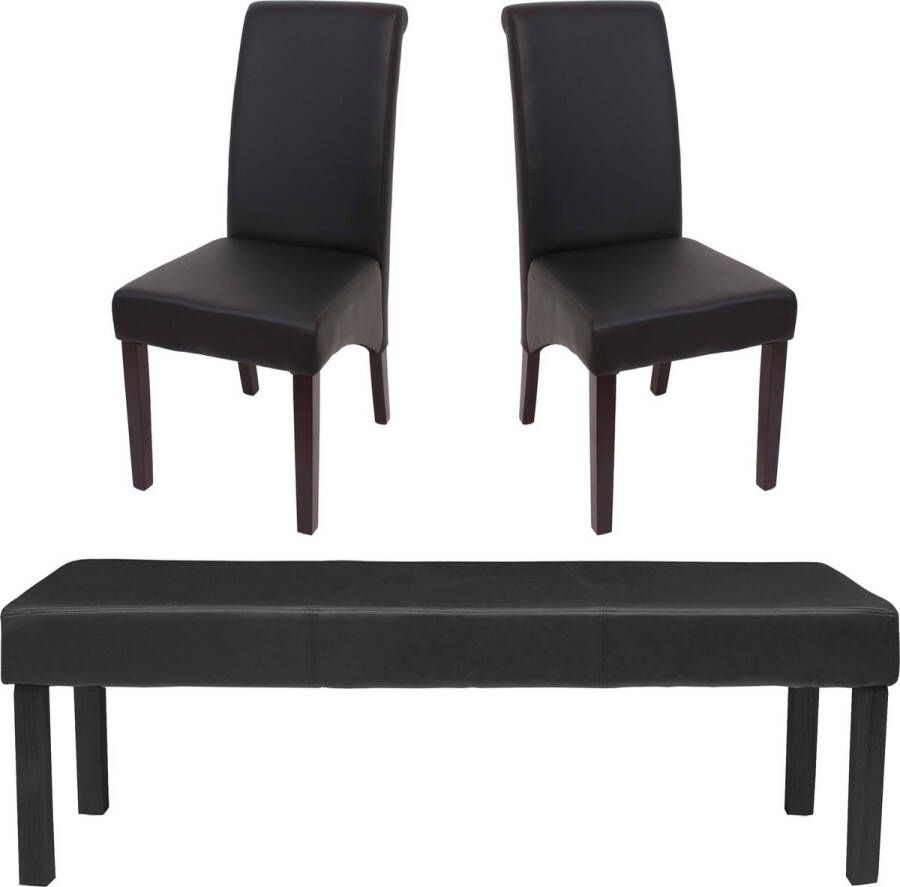 MCW Eetkamerset Set M37 bank en 2 stoelen kunstleer ~ 120x43x49 cm zwart donkere poten