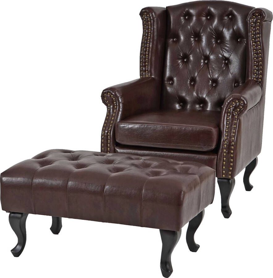 MCW Fauteuil Relax fauteuil Club fauteuil Vleugel fauteuil Chesterfield kunstleer ~ antiek bruin met voetenbankje