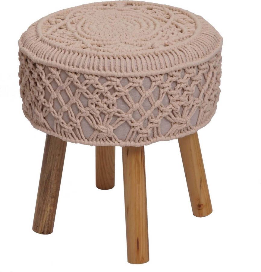 MCW Kruk -J43 gebreide poef 45x41cm rond macramé gebreide stof textiel ~ crème-beige