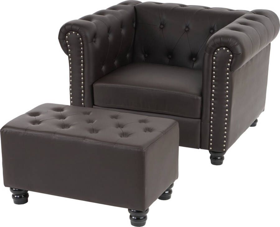 MCW Luxe fauteuil ligstoel Chesterfield kunstleer ~ ronde poten bruin met voetenbankje