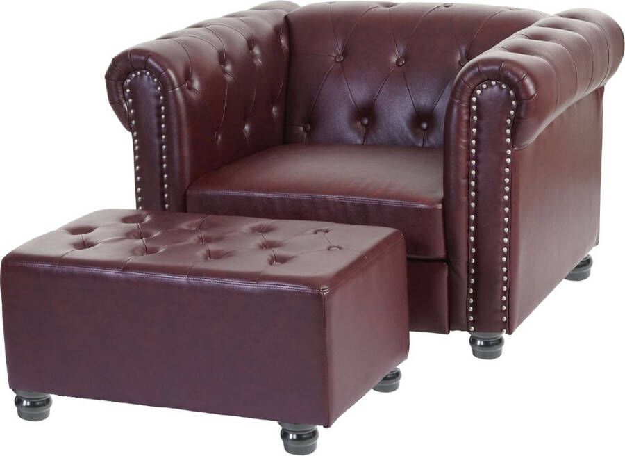 MCW Luxe fauteuil loungestoel relax fauteuil Chesterfield kunstleer ~ ronde poten roodbruin met voetenbankje