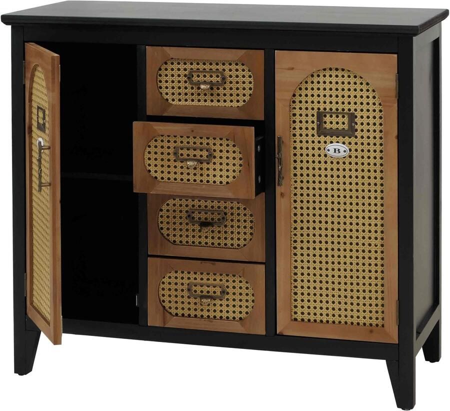 MCW Apothekerskast -O63 dressoir Kast Opbergvakken Lades vintage rotanlook 80x91x40cm ~ Korpus zwart