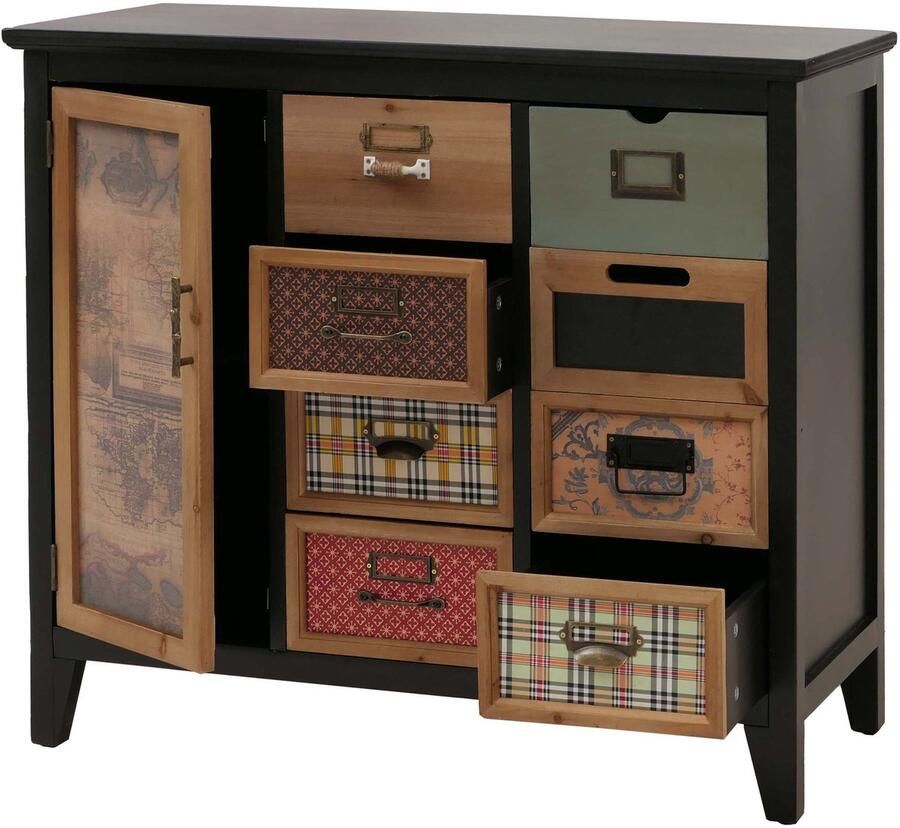 MCW Apothekerskast -O63 kast met lades etikettenhouder vintage shabby patroon hout 80x91x40cm ~ romp zwart