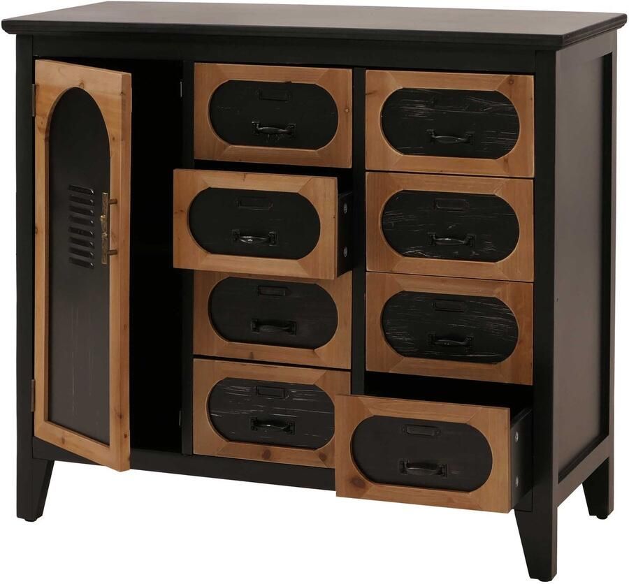 MCW Apothekerskast -O63 kast met lades opbergruimte vintage shabby industrial hout en metaal 80x91x40 cm ~ behuizing zwart