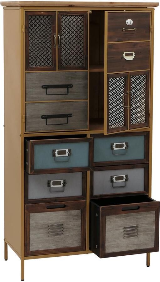 MCW Apothekerskast -O80 hoge kast met lades vintage shabby-look 136x73x35cm blauw metalen look