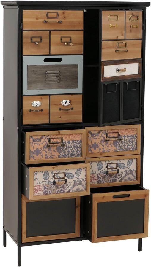 MCW Apothekerskast -O80 hoge kast met lades vintage shabby-look 136x73x35cm naturel blauw wit