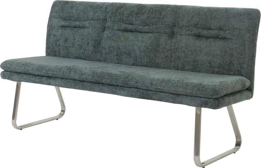 MCW Bank -H70 eetkamerbank gestoffeerde bank rugleuning stof textiel chenille roestvrij staal geborsteld 180cm ~ blauwgroen