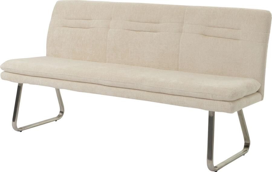 MCW Bank -H70 eetkamerbank gestoffeerde bank rugleuning stof textiel chenille roestvrij staal geborsteld 180cm ~ crème