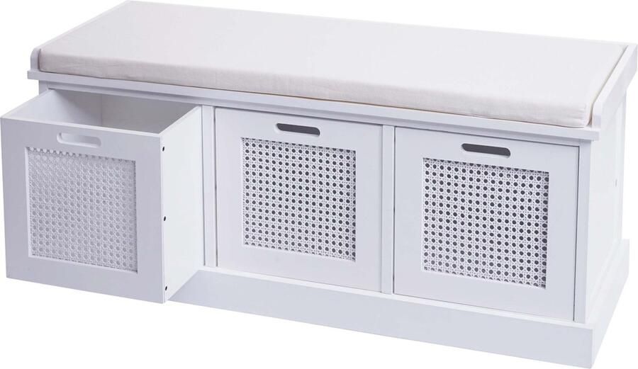 MCW Bank -J49 gestoffeerde bank garderobe bank kussens opbergdozen opbergvak 47x110x40cm ~ wit bekleding crème-wit