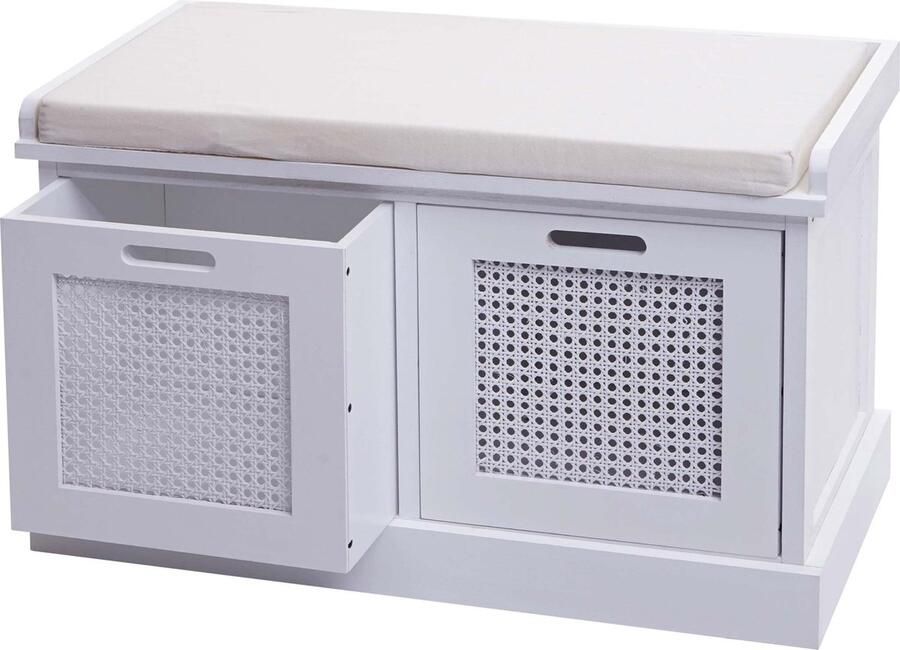 MCW Bank -J49 gestoffeerde bank garderobe bank kussens opbergdozen opbergvak 47x75x40cm ~ wit bekleding crème-wit