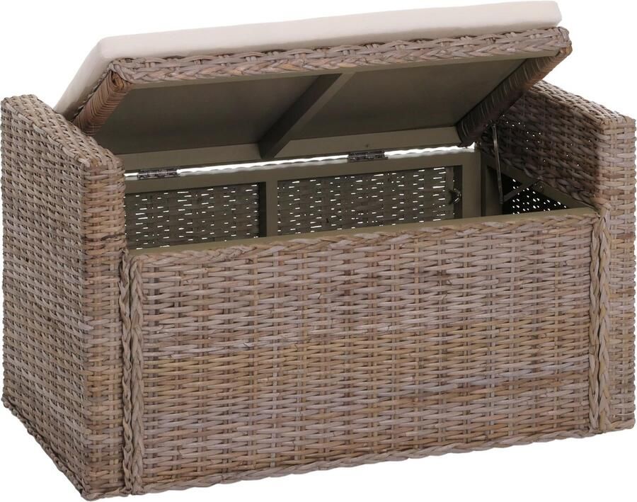 MCW Bank M92 Garderobebank Bankkruk met opbergruimte Kussen Kubu rotan 88cm ~ grijsbruin