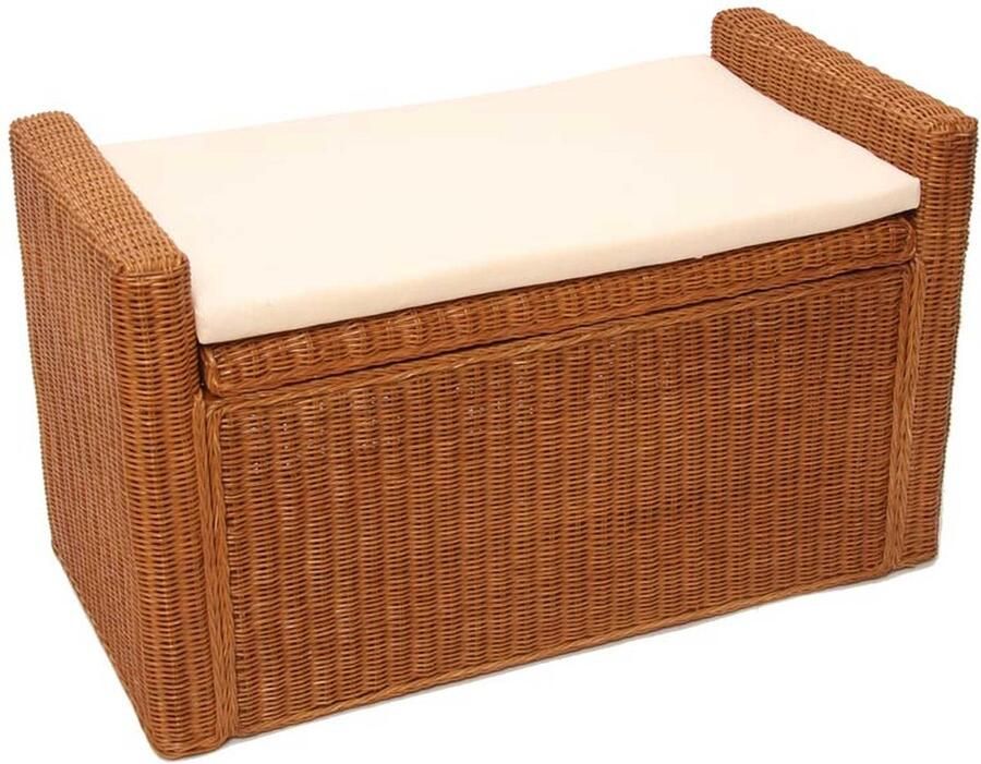 MCW Bank M92 Garderobebank Bankkruk met opbergruimte Kussen Kubu rotan 88cm ~ honingkleurig