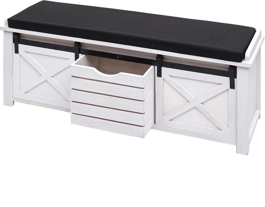 MCW Bank met opbergvakken -H53 gestoffeerde zitbank ladekast shabby-look massief hout metaal stof 43x102x33cm ~ wit