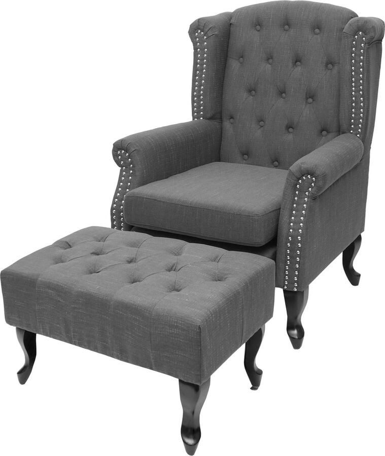 MCW Chesterfield fauteuil relax club fauteuil wing chair waterafstotende stof textiel ~ donkergrijs met voetenbank