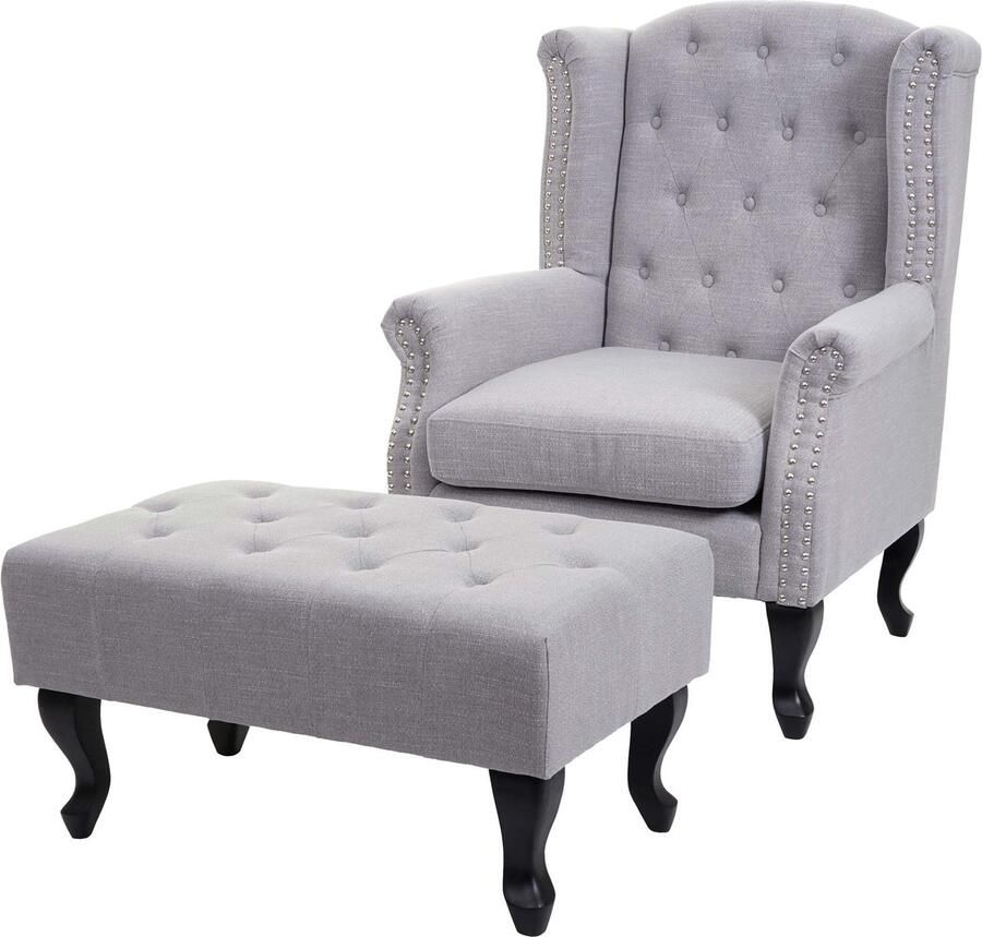 MCW Chesterfield fauteuil relax club fauteuil wing chair waterafstotende stof textiel ~ grijs met poef