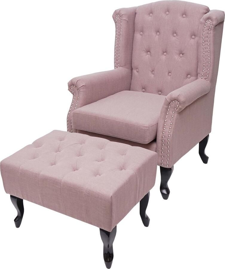 MCW Chesterfield fauteuil relax club fauteuil wing chair waterafstotende stof textiel ~ vintage roze met voetenbankje