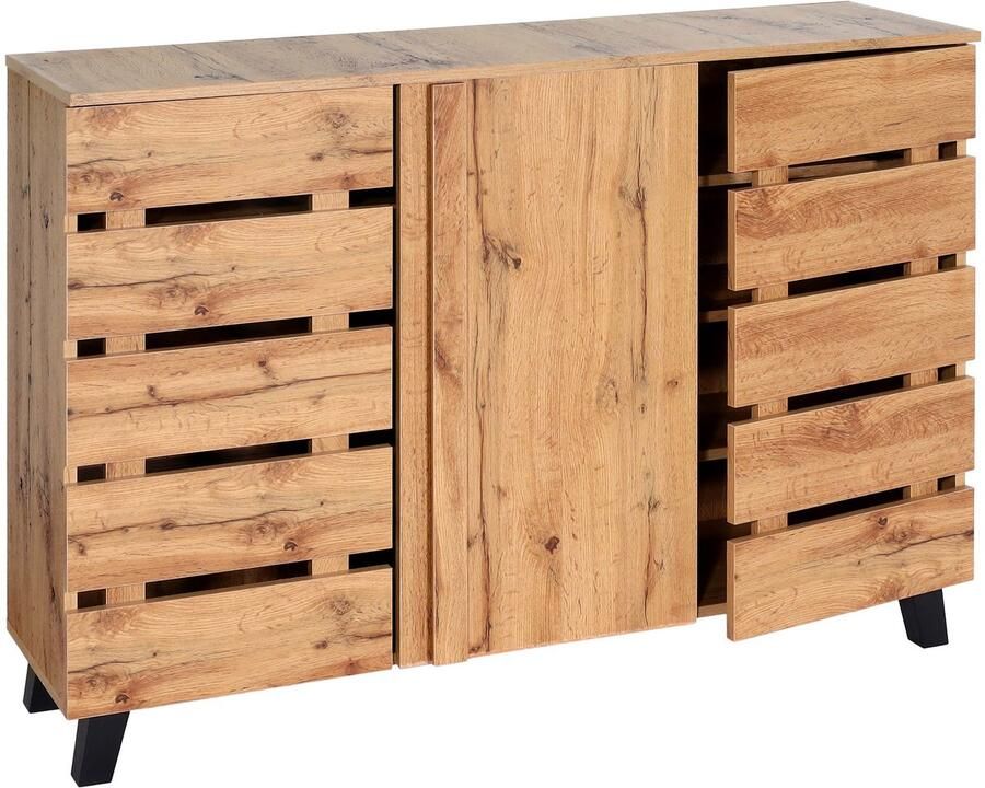 MCW Dressoir -M46 ladekast dressoir 3 deuren 8 opbergvakken 88x120x34cm natuurlijke kleur