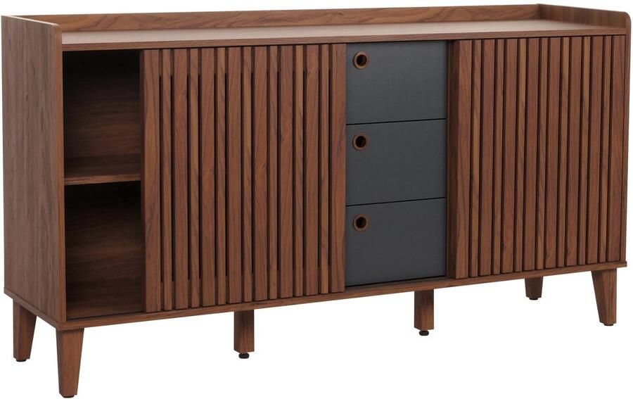 MCW Dressoir -M48 ladekast opbergvak met schuifdeur mango massief hout MDF 81x150x40cm ~ walnoot look laden donkergrijs