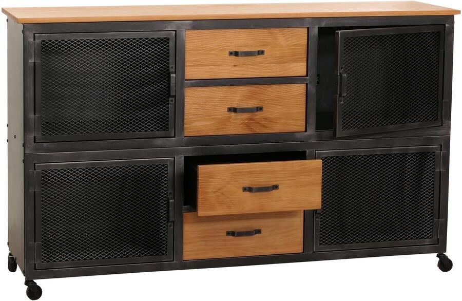 MCW Dressoir -N28 ladekast wielen 4 laden 3D structuur industrieel retro metaal hout 90x150x40cm ~ zwart naturel