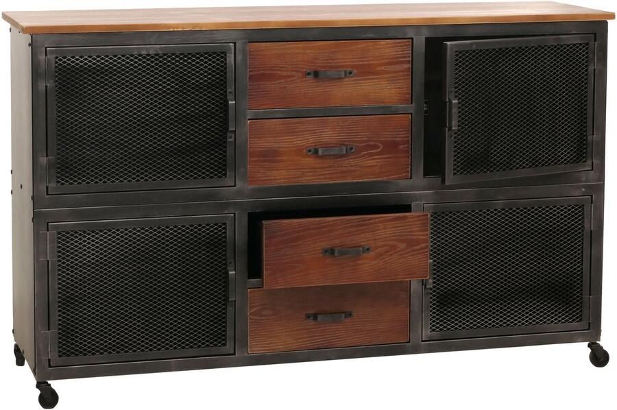 MCW Dressoir -N28 ladekast wielen 4 laden 3D structuur industrieel retro metaal hout 90x150x40cm ~ zwart bruin