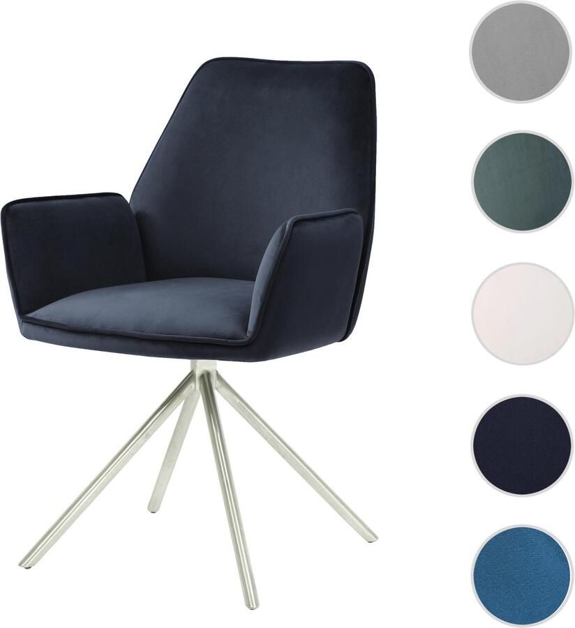 MCW Eetkamerstoel -G67 keukenstoel Stoel met armleuning draaibare autostand fluweel MVG ~ antracietblauw roestvrij staal