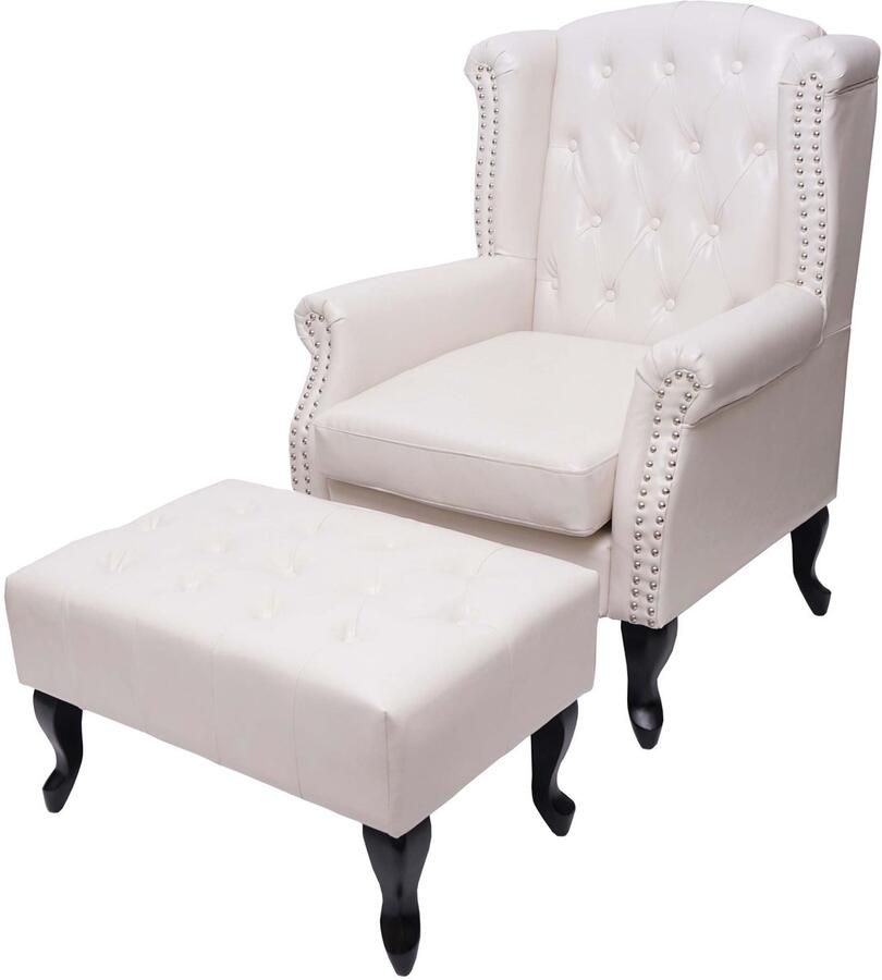 MCW Fauteuil Relaxfauteuil Clubfauteuil Vleugelstoel Chesterfield kunstleer ~ crème-wit met voetenbankje