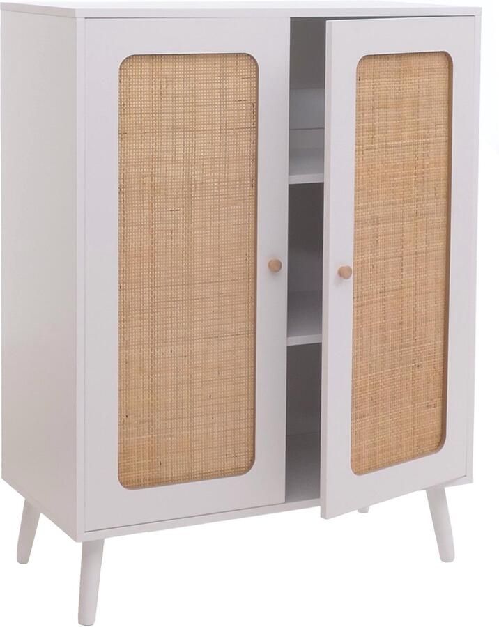 MCW Highboard -M38 ladekast dressoir opbergvakken Kubu rotan hout 106x80x41cm ~ wit