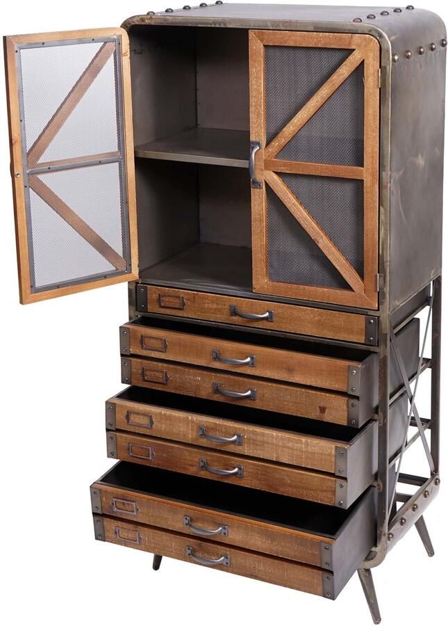 MCW Hoge kast -F91 apothekerskast woonkamerkast industrieel dennenhout metaal 128x60x33cm bruin-zwart