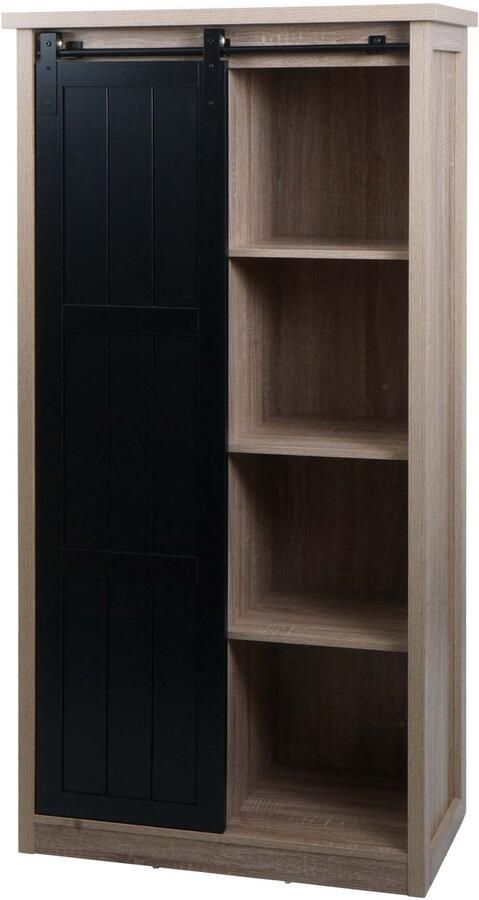 MCW Kast -K75 ladekast highboard schuifdeur 8 opbergvakken houtlook industrieel metaal 163x76x38cm ~ natuurlijke kleur