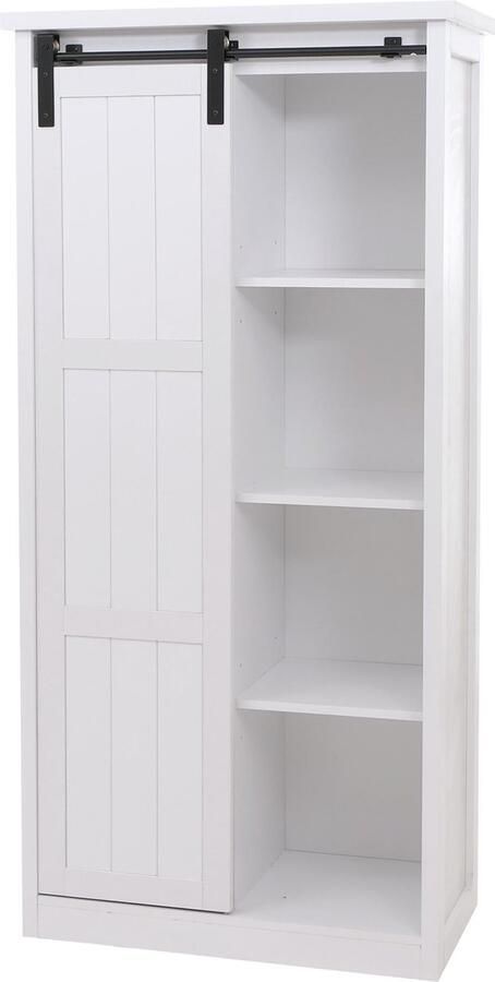 MCW Kast -K75 ladekast highboard schuifdeuren 8 opbergvakken houtlook industrieel metaal 163x76x38 cm ~ wit