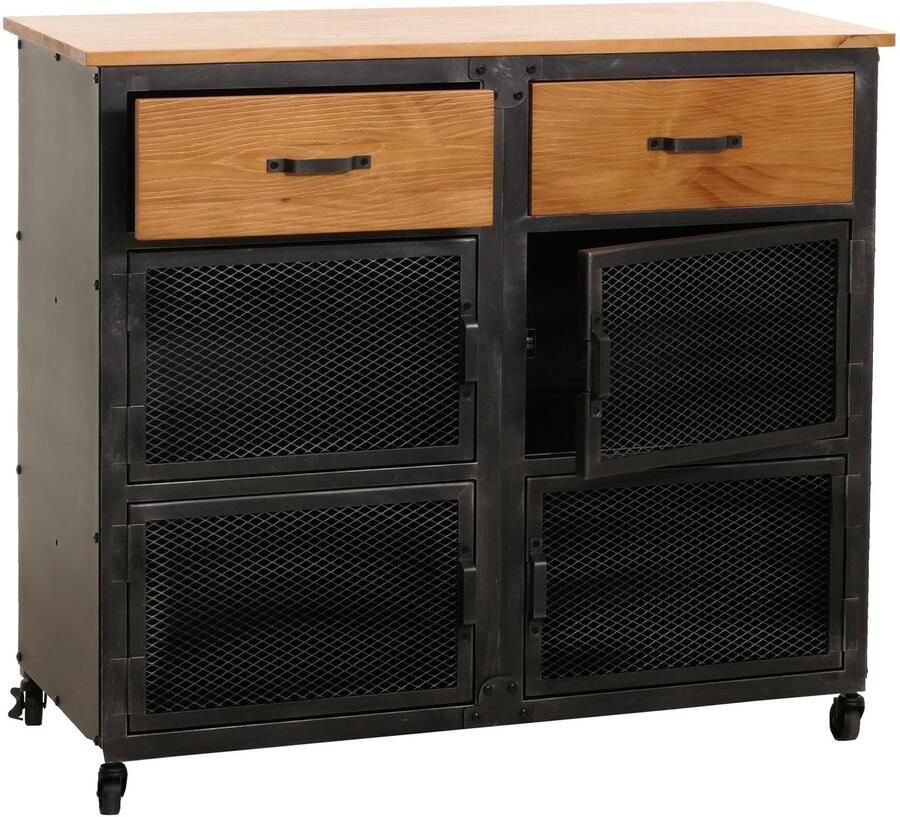MCW Ladekast -N28 kast wielen 2 laden 3D structuur industrieel retro metaal hout 90x100x40cm ~ zwart naturel