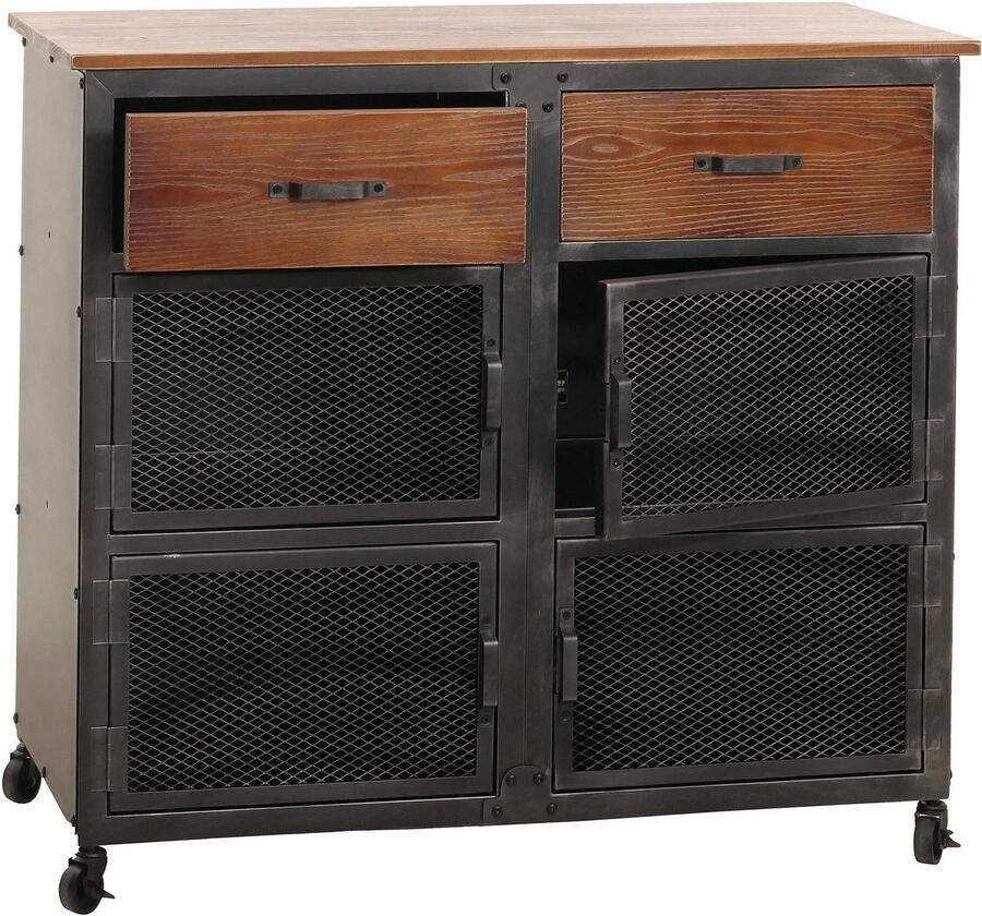 MCW Ladekast -N28 kast wielen 2 laden 3D structuur industrieel retro metaal hout 90x100x40cm ~ zwart bruin