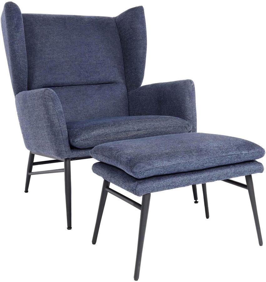 MCW Lounge fauteuil met voetenbank -L62 fauteuil gestoffeerde fauteuil cocktail fauteuil kruk stof textiel ~ blauw