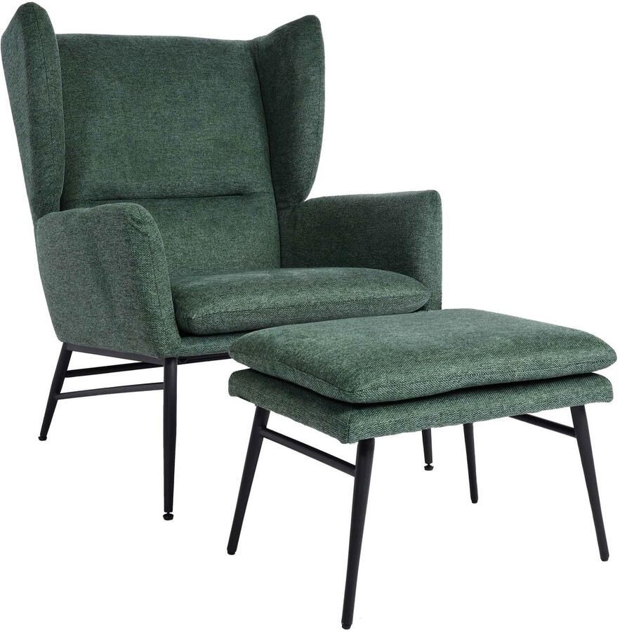 MCW Lounge fauteuil met voetenbank -L62 fauteuil gestoffeerde fauteuil cocktail fauteuil kruk stof textiel ~ groen