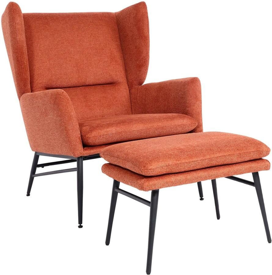 MCW Lounge fauteuil met voetenbank -L62 wing chair gestoffeerde fauteuil cocktail fauteuil kruk stof textiel ~ terracotta-bruin