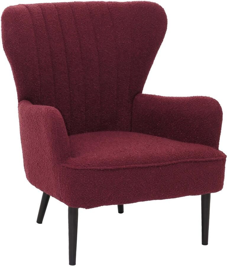 MCW Loungestoel -K37 cocktail oor fauteuil gestoffeerde stoel retro vintage stof bouclé (600g m²) Oeko-Tex ~ bordeaux