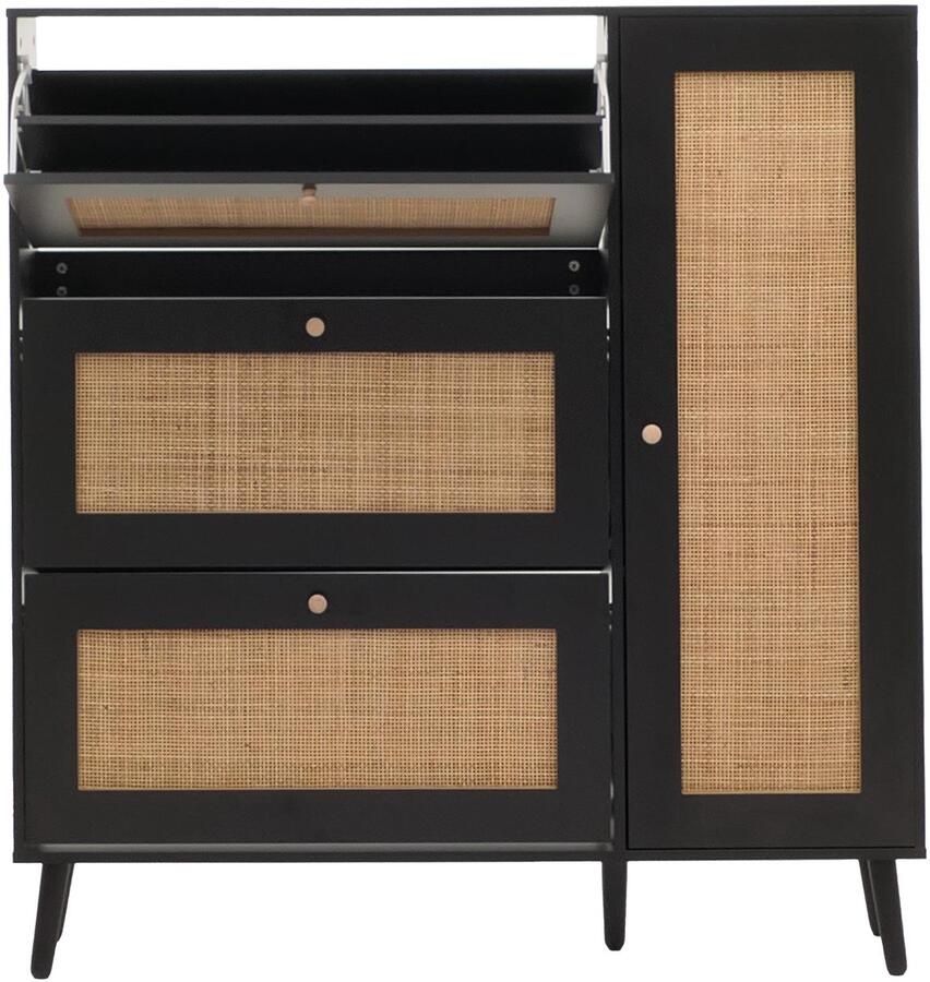 MCW Rotan schoenenkieper -M37 schoenenrek schoenenkast 3 kantelbare vakken 2 planken 127x120x24cm hout melamine ~ zwart