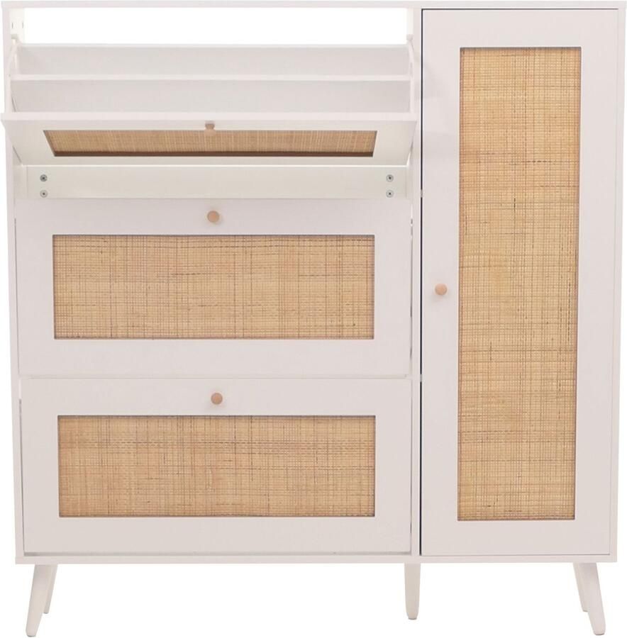 MCW Rotan schoenenkieper -M37 schoenenrek schoenenkast 3 kantelbare vakken 2 planken 127x120x24cm hout melamine ~ wit