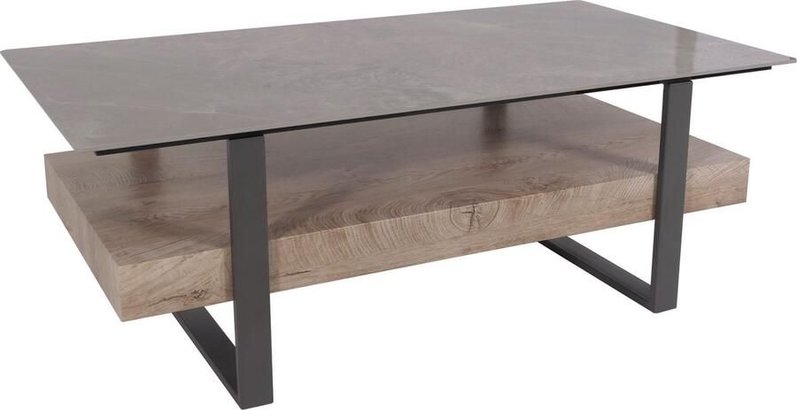 MCW Salontafel -L88 salontafel tafel plank ijzer 43x120x60cm gesinterde steen marmer look grijs hout grijsbruin
