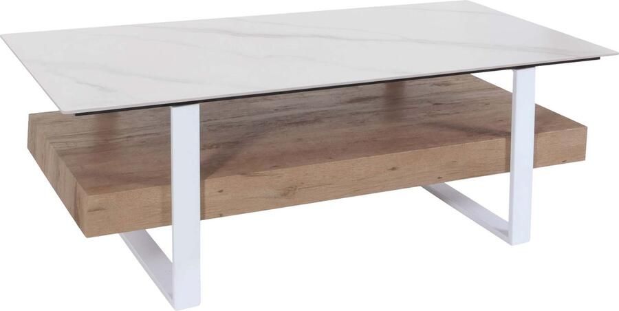 MCW Salontafel -L88 woonkamer tafel plank ijzer 43x120x60cm gesinterde steen marmer look wit natuurlijk hout