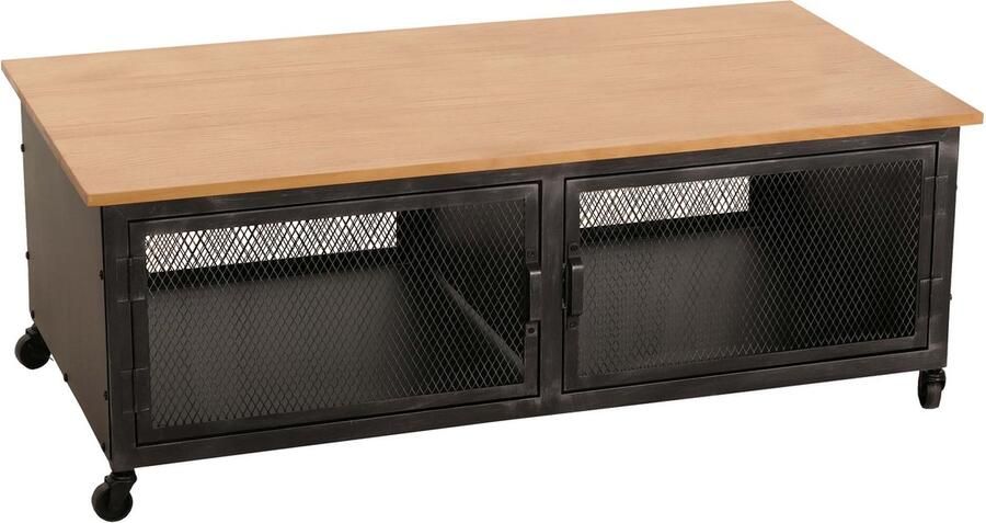MCW Salontafel -N28 sofatafel wielen 2 vakken 3D structuur industrieel retro metaal hout 45x120x60cm ~ zwart naturel